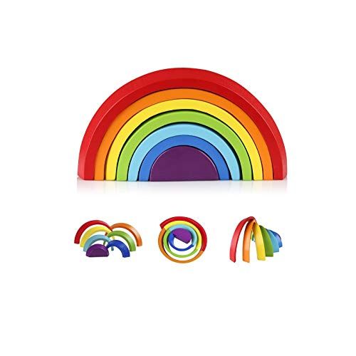  Coogam Wooden Rainbow Stacker Nesting Puzzle Blocks - Tunnel Stacking Game Building Creative Color Shape Matching Jigsaw Learning Toy Set Board Early Development Gift for Kids Boy