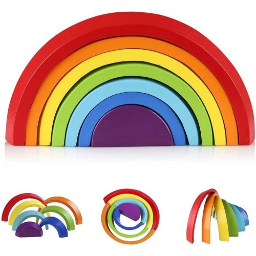  Coogam Wooden Rainbow Stacker Nesting Puzzle Blocks - Tunnel Stacking Game Building Creative Color Shape Matching Jigsaw Learning Toy Set Board Early Development Gift for Kids Boy