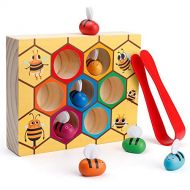 Coogam Toddler Fine Motor Skill Toy, Clamp Bee to Hive Matching Game, Montessori Wooden Color Sorting Puzzle, Early Learning Preschool Educational Gift Toy for 3 4 5 Years Old Kids