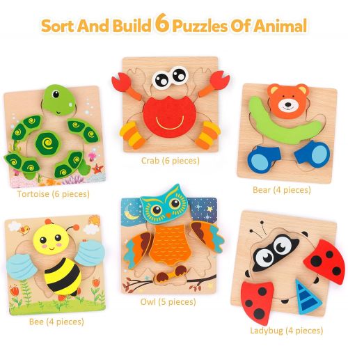  Coogam Wooden Jigsaw Puzzle Set, 6 Pack Animal Shape Color Montessori Toy, Fine Motor Skill Early Learning Preschool Educational Gift Game for Years Old Kids