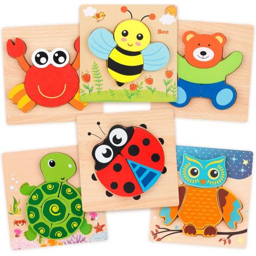  Coogam Wooden Jigsaw Puzzle Set, 6 Pack Animal Shape Color Montessori Toy, Fine Motor Skill Early Learning Preschool Educational Gift Game for Years Old Kids