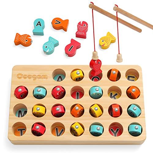  Coogam Wooden Magnetic Fishing Game, Fine Motor Skill Toy ABC Alphabet Color Sorting Puzzle, Montessori Letters Cognition Preschool Gift for Years Old Kid Early Learning with 2 Pol