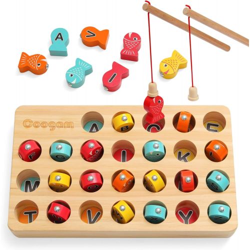 Coogam Wooden Magnetic Fishing Game, Fine Motor Skill Toy ABC Alphabet Color Sorting Puzzle, Montessori Letters Cognition Preschool Gift for Years Old Kid Early Learning with 2 Pol