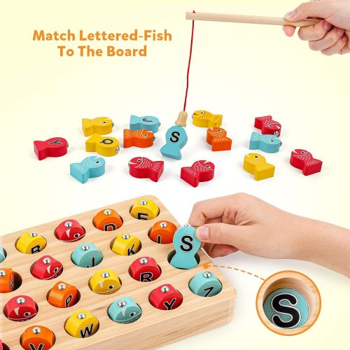  Coogam Wooden Magnetic Fishing Game, Fine Motor Skill Toy ABC Alphabet Color Sorting Puzzle, Montessori Letters Cognition Preschool Gift for Years Old Kid Early Learning with 2 Pol