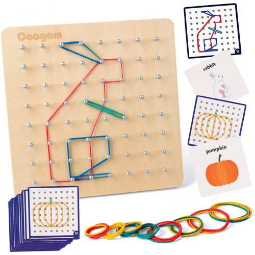  Coogam Wooden Geoboard Mathematical Manipulative Material Array Block Geo Board ? Graphical Educational Toys with 30Pcs Pattern Cards and Latex Bands Shape STEM Puzzle Matrix 8x8 B