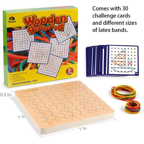  Coogam Wooden Geoboard Mathematical Manipulative Material Array Block Geo Board ? Graphical Educational Toys with 30Pcs Pattern Cards and Latex Bands Shape STEM Puzzle Matrix 8x8 B