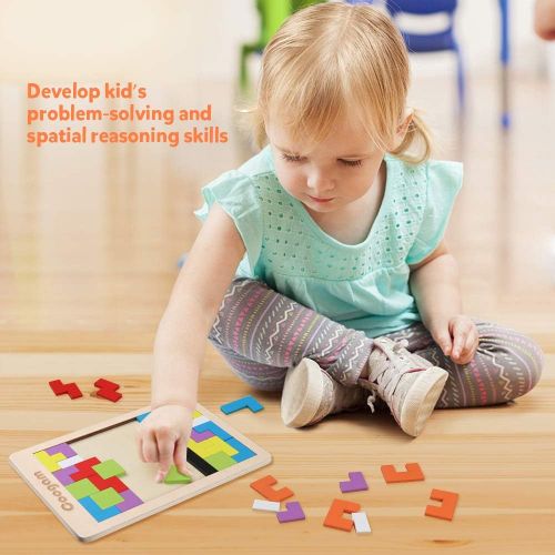  Coogam Wooden Blocks Puzzle Brain Teasers Toy Tangram Jigsaw Intelligence Colorful 3D Russian Blocks Game STEM Montessori Educational Gift for Kids (40 Pcs)