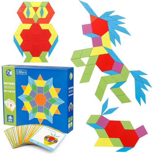  Coogam Wooden Pattern Blocks Set 130PCS Geometric Color Shape Manipulative Puzzle ? Graphical Montessori Tangram Early Learning Educational Toys Brain Teasers STEM Gift for Kids wi