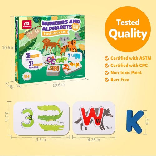 Coogam Numbers and Alphabets Flash Cards Set - ABC Wooden Letters and Numbers Animal Card Board Matching Puzzle Game Montessori Educational Toys Gift for Toddlers Age 2 3 4 5 Presc