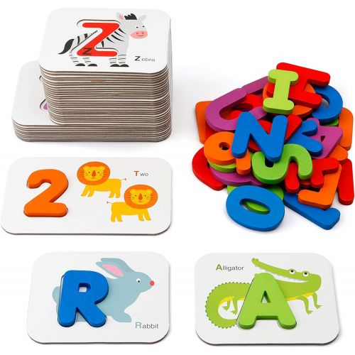  Coogam Numbers and Alphabets Flash Cards Set - ABC Wooden Letters and Numbers Animal Card Board Matching Puzzle Game Montessori Educational Toys Gift for Toddlers Age 2 3 4 5 Presc