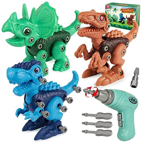  Coogam Take Apart Dinosaur Construction Toys 3 Pack, Fine Motor Skill Building Dinos Set STEM Educational Gift Game with Drill-Tyrannosaurus, Triceratops, Velociraptor for 3 4 5 Ye