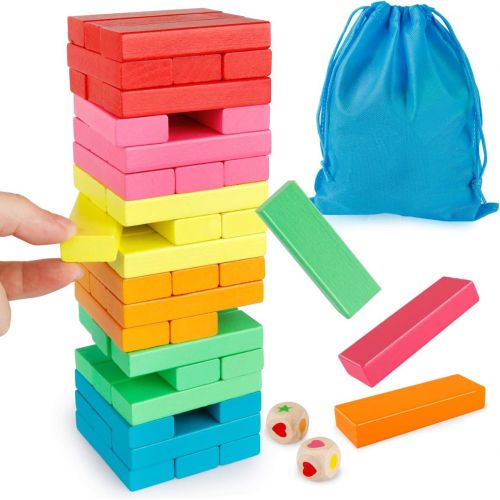  Coogam Wooden Blocks Stacking Game with Storage Bag, Toppling Colorful Tower Building Blocks Balancing Puzzles Montessori Toys Learning Sorting Family Games Educational Toys Gifts