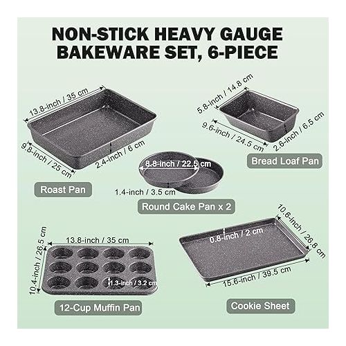  Cook N Home Nonstick Bakeware Set 6-Piece Heavy Gauge, Cake/Cookie/Muffin/Loaf, Baking Pans Set, Black