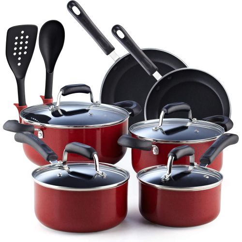  Cook N Home 2601 Stay Cool Handle Pattern 12-Piece Nonstick Cookware Set, Marble Red