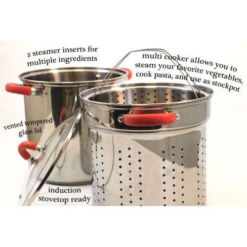  Cook Pro 525, 8 Qt Multifunction Stainless Steel Pasta Cooker with Encapsulated Base, Vented Glass Lid, and Red Riveted Silicone Covered Handles