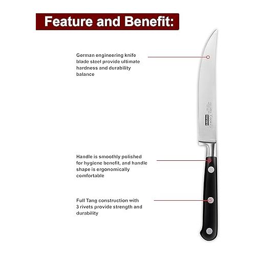  Cooks Standard Steak Knives Set 6-Piece, High Carbon Stainless Steel Classic Sharp Kitchen Steak Knife, Ergonomic Handle,Black