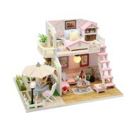 Cool Beans Boutique Miniature Wooden Dollhouse DIY Kit  Pink 2-Story Home with Patio and a Dust Cover - Architecture Model kit (English Manual)