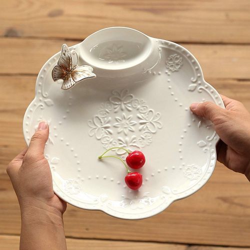  Cool Lemon 10 inch Ceramic 3D Butterfly Relief White Divided Plate Dishes Tray Fruit Steak Dessert Plate Dinnerware Tableware with Appetizer Sauce Dish Tray for Breakfast Lunch
