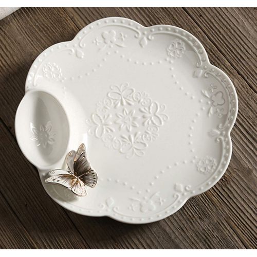  Cool Lemon 10 inch Ceramic 3D Butterfly Relief White Divided Plate Dishes Tray Fruit Steak Dessert Plate Dinnerware Tableware with Appetizer Sauce Dish Tray for Breakfast Lunch