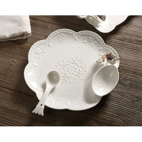  Cool Lemon 10 inch Ceramic 3D Butterfly Relief White Divided Plate Dishes Tray Fruit Steak Dessert Plate Dinnerware Tableware with Appetizer Sauce Dish Tray for Breakfast Lunch