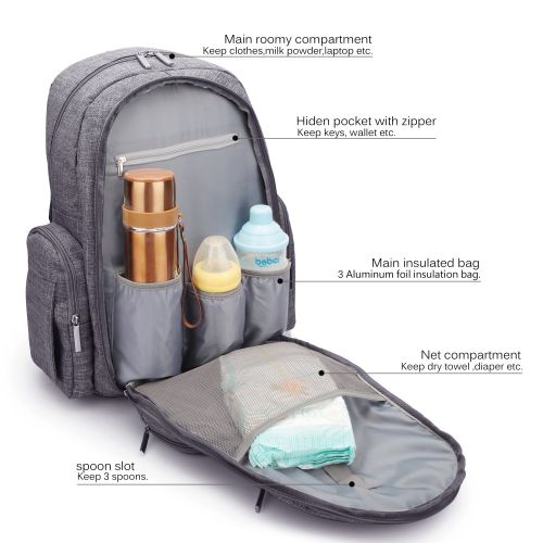  [아마존베스트]CoolBELL Baby Diaper Backpack with Insulated Pockets/Large Size Water-Resistant Baby Bag/Multi-Functional Travel Knapsack Include Changing Pad (Grey)