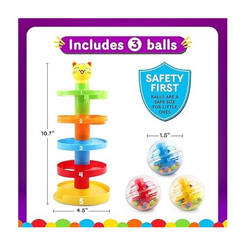  5 Layer Ball Drop and Roll Swirling Tower for Baby and Toddler Development Educational Toys | Stack, Drop and Go Ball Ramp Toy Set Includes 3 Spinning Acrylic Activity Balls with Colorful Beads