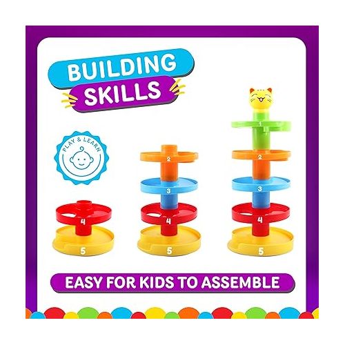  5 Layer Ball Drop and Roll Swirling Tower for Baby and Toddler Development Educational Toys | Stack, Drop and Go Ball Ramp Toy Set Includes 3 Spinning Acrylic Activity Balls with Colorful Beads