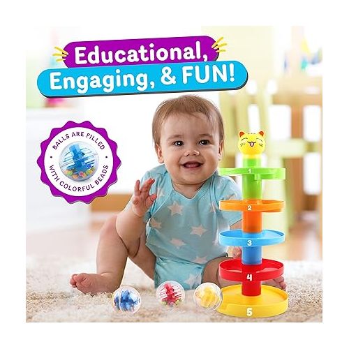  5 Layer Ball Drop and Roll Swirling Tower for Baby and Toddler Development Educational Toys | Stack, Drop and Go Ball Ramp Toy Set Includes 3 Spinning Acrylic Activity Balls with Colorful Beads