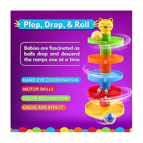  5 Layer Ball Drop and Roll Swirling Tower for Baby and Toddler Development Educational Toys | Stack, Drop and Go Ball Ramp Toy Set Includes 3 Spinning Acrylic Activity Balls with Colorful Beads