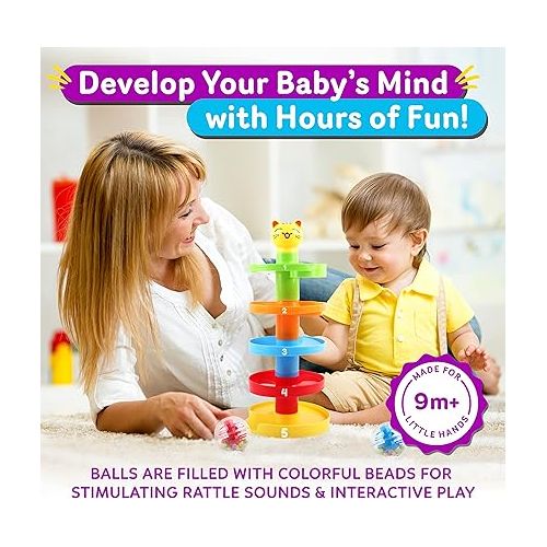  5 Layer Ball Drop and Roll Swirling Tower for Baby and Toddler Development Educational Toys | Stack, Drop and Go Ball Ramp Toy Set Includes 3 Spinning Acrylic Activity Balls with Colorful Beads