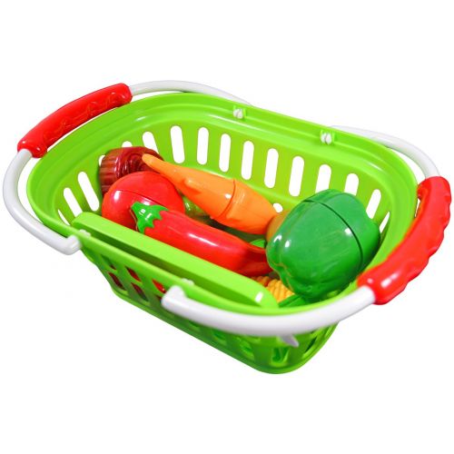  CoolToys Fruit and Vegetable Cutting Playset in Plastic Grocery Basket (13 Pieces)