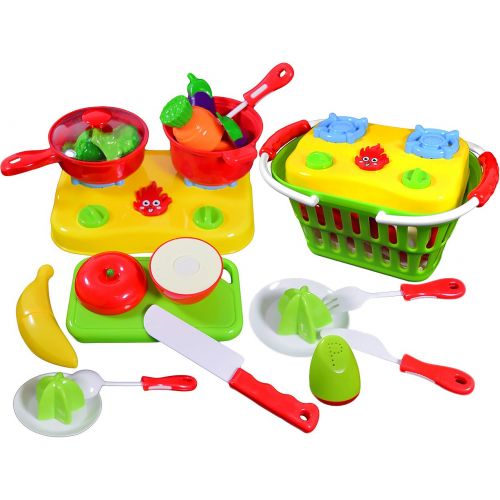  CoolToys Fruit and Vegetable Cutting Playset in Plastic Grocery Basket (13 Pieces)