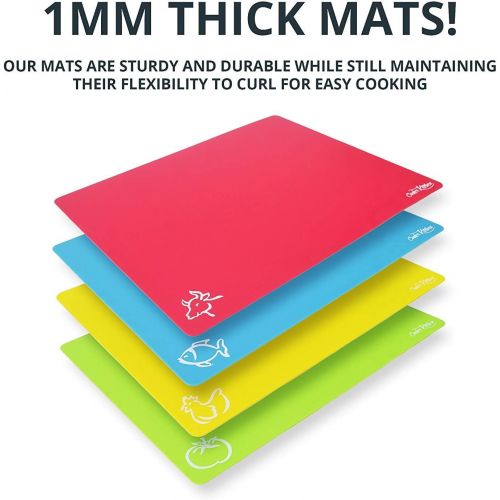  [아마존베스트]Cooler Kitchen Extra Thick Flexible Plastic Cutting Board Mats with Food Icons & EZ-Grip Waffle Back, (Set of 4)