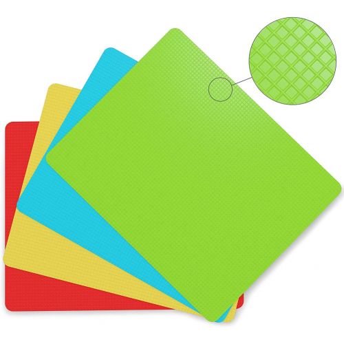  [아마존베스트]Cooler Kitchen Extra Thick Flexible Plastic Cutting Board Mats with Food Icons & EZ-Grip Waffle Back, (Set of 4)