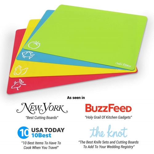  [아마존베스트]Cooler Kitchen Extra Thick Flexible Plastic Cutting Board Mats with Food Icons & EZ-Grip Waffle Back, (Set of 4)