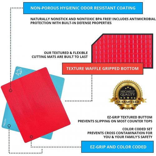  [아마존베스트]Cooler Kitchen Extra Thick Flexible Plastic Cutting Board Mats with Food Icons & EZ-Grip Waffle Back, (Set of 4)