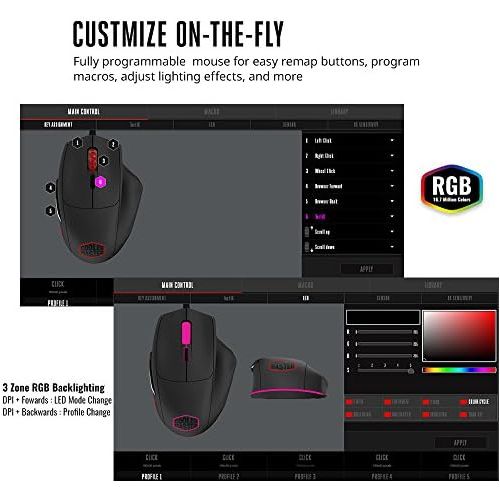  Cooler Master SGM-2007-KLON1 MasterMouse MM520 Claw Grip Gaming Mouse, 7 Buttons, RGB LED 3 Zone Light, On-The-Fly DPI 12000, Lag-Free