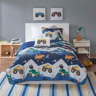 Cooler Trend 4 Pc Novelty Truck Print Boys Bedding, All Seasons Modern Contemporary Style Adorable Green Motif Blue Quilt, Rich Filling Flaunts Hypoallergenic Coverlet Soft Quilts Queen Size De