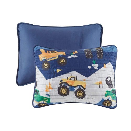  Cooler Trend 4 Pc Novelty Truck Print Boys Bedding, All Seasons Modern Contemporary Style Adorable Green Motif Blue Quilt, Rich Filling Flaunts Hypoallergenic Coverlet Soft Quilts Queen Size De