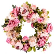 Coolmade Artificial Flower Wreath Peony Wreath - 16 Door Wreath Spring Wreath Nearly Natural Round Wreath for the Front Door, Wedding, Home Decor