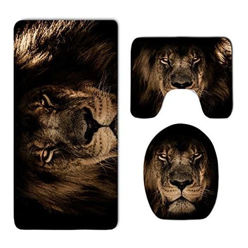  CoolsomeJies Bathroom Rug Mat Set 3 Pc - Memory Foam Bathroom Rug CarpetWater Absorbent U-Shaped Bath Mats and Lid Cover - Non Slip, Tub Shower Fast Dry African Lion Mane Close Eyes Rug