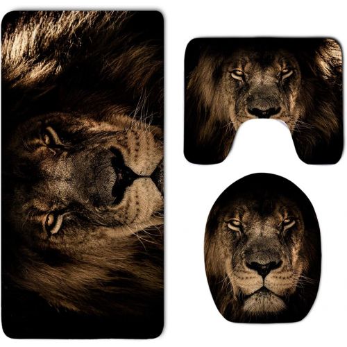  CoolsomeJies Bathroom Rug Mat Set 3 Pc - Memory Foam Bathroom Rug CarpetWater Absorbent U-Shaped Bath Mats and Lid Cover - Non Slip, Tub Shower Fast Dry African Lion Mane Close Eyes Rug