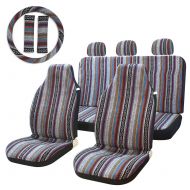 Copap 10pc Stripe Multi-Color Seat Cover Baja Saddle Blanket Weave Universal Bucket Seat Cover Fit for Cars & Vans with Steering Wheel Cover