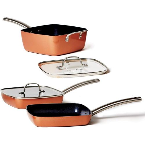  Copper Chef Stack-able Black Diamond 5-piece Non-Stick Fry Pan Set, 9.5 Inch grill pan, 9.5 Inch griddle pan, 4.5 Quart saucepan. Copper Chef Recipes Cookbook Included