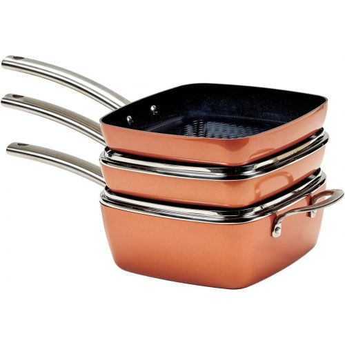  Copper Chef Stack-able Black Diamond 5-piece Non-Stick Fry Pan Set, 9.5 Inch grill pan, 9.5 Inch griddle pan, 4.5 Quart saucepan. Copper Chef Recipes Cookbook Included