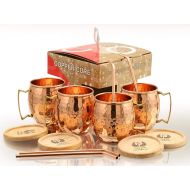 [아마존베스트]Solid Copper Mugs - Set of 4 (Gift Set) 16 Oz - Copper Hammered Mugs  100% Handicrafted - Mugs - Copper Mugs - Copper Cups With BONUS Copper Straws & Coasters by Copper Cure