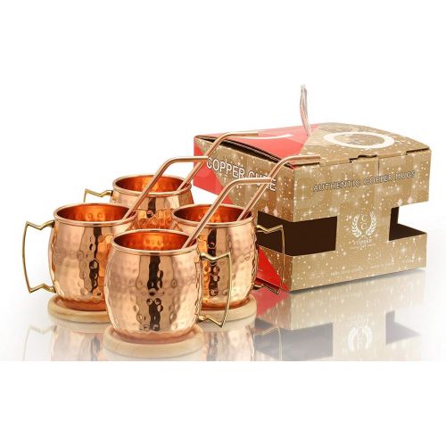  [아마존베스트]Solid Copper Mugs - Set of 4 (Gift Set) 16 Oz - Copper Hammered Mugs  100% Handicrafted - Mugs - Copper Mugs - Copper Cups With BONUS Copper Straws & Coasters by Copper Cure
