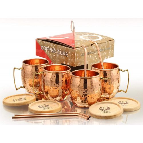  [아마존베스트]Solid Copper Mugs - Set of 4 (Gift Set) 16 Oz - Copper Hammered Mugs  100% Handicrafted - Mugs - Copper Mugs - Copper Cups With BONUS Copper Straws & Coasters by Copper Cure