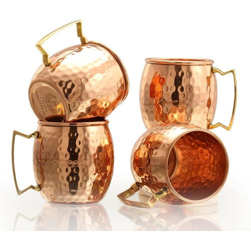  [아마존베스트]Solid Copper Mugs - Set of 4 (Gift Set) 16 Oz - Copper Hammered Mugs  100% Handicrafted - Mugs - Copper Mugs - Copper Cups With BONUS Copper Straws & Coasters by Copper Cure