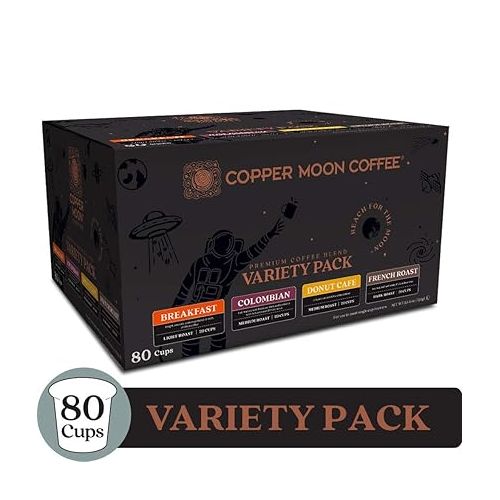  Copper Moon Single Serve Coffee Pods For Keurig K-Cup Brewers, Light Medium & Dark Roast, Variety Pack, 80 Count